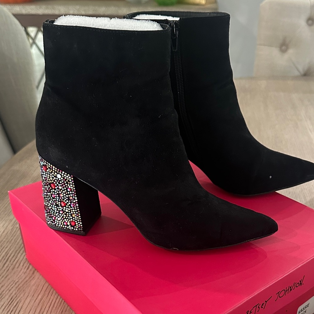 Betsey Johnson Black Heeled Boots with Embellished Heel